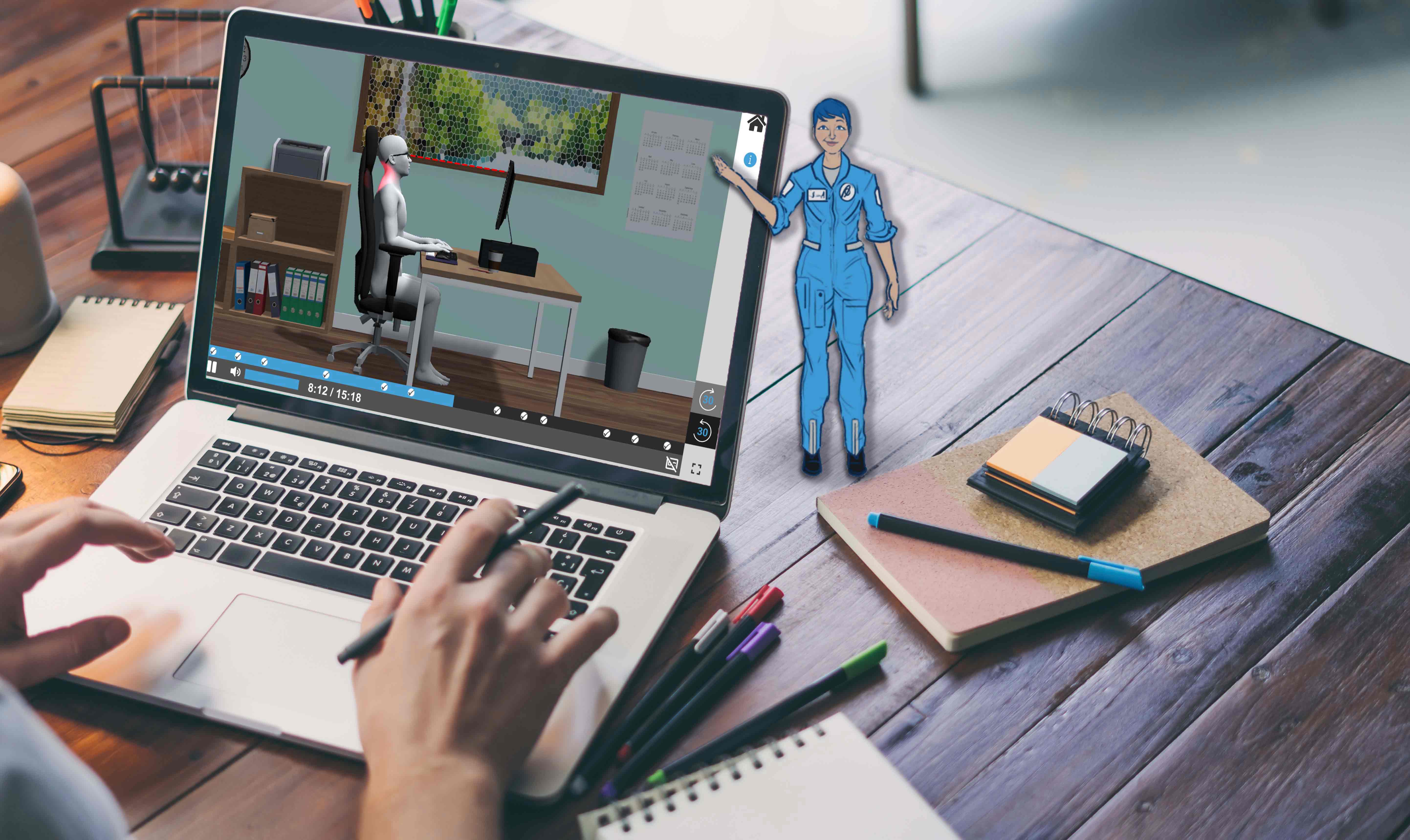Small cartoon worker pointing to a laptop with a phone demonstrating the ergonauts app with program descriptions next to it
